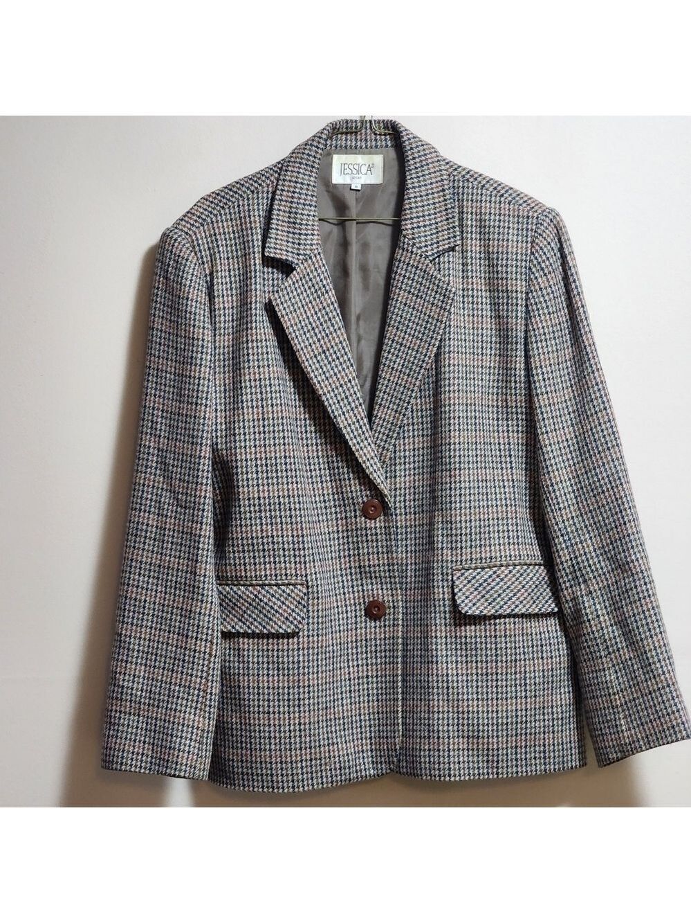 Vintage Jessica sports houndstooth plaid wool blend blazer color brown size L/XL
